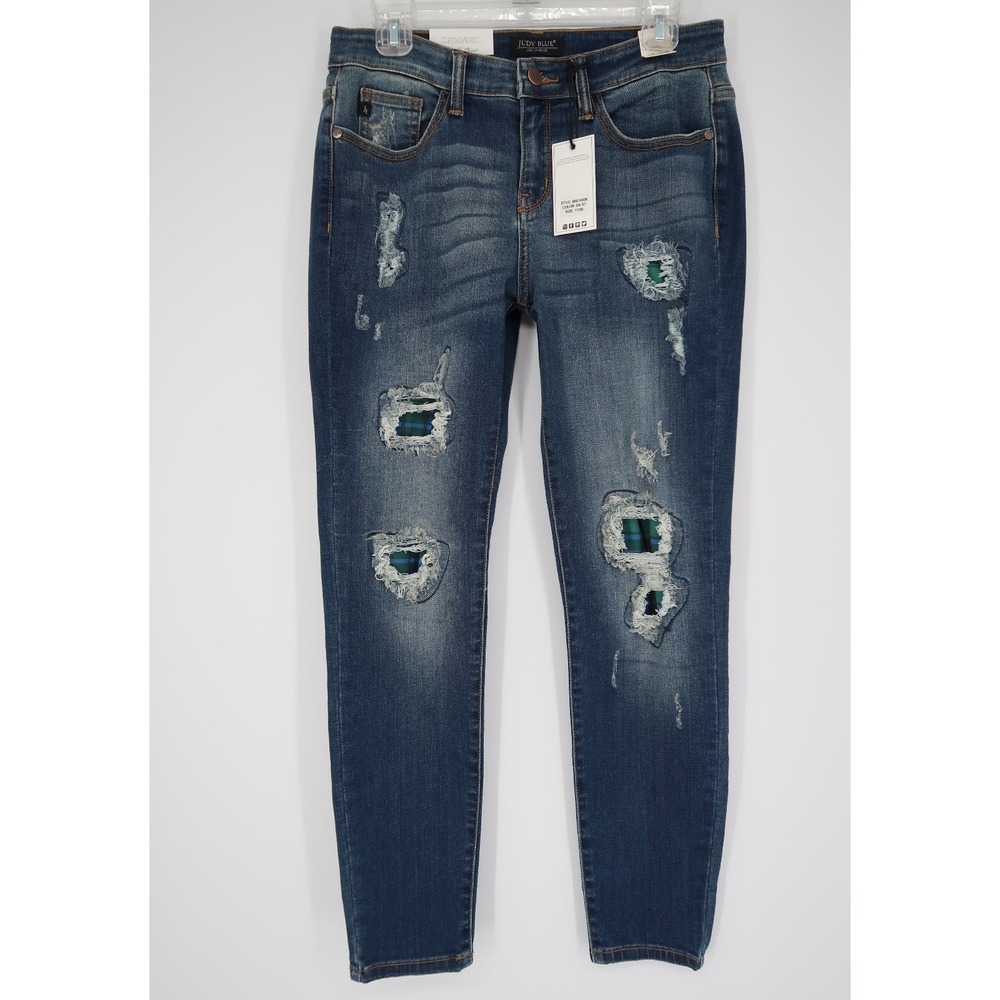 Judy‎ Blue Women's Skinny Fit Jeans Size 11/30 Distressed Green Plaid Patchwork